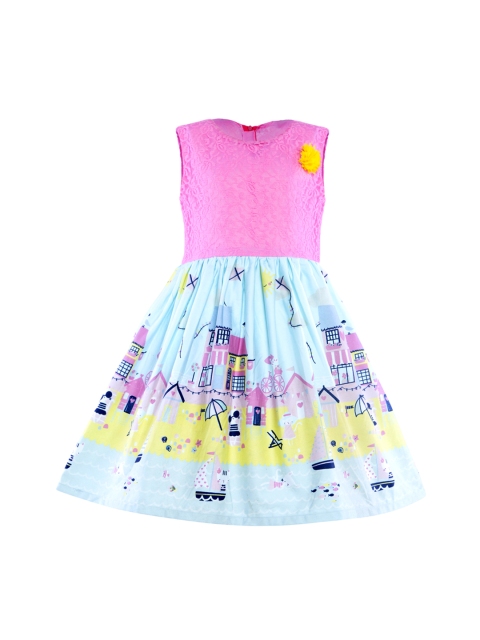 

Stylo Bug Girls Pink & Blue Printed Fit and Flare Dress