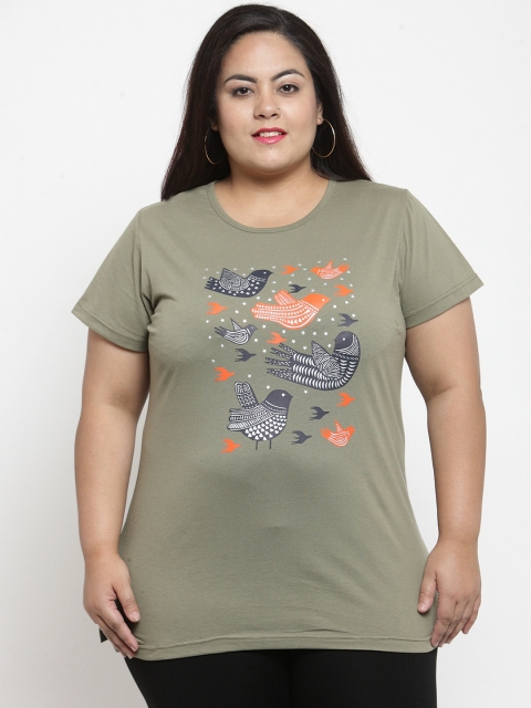

plusS Women Olive Green Printed Round Neck T-shirt