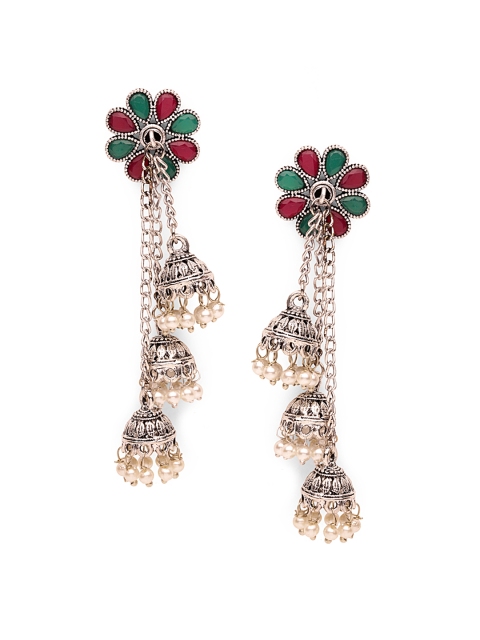 

Fabstreet Women Silver-Plated & Oxidised Floral Jhumkas
