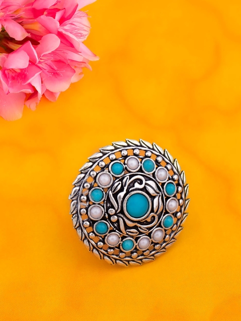 

Voylla Women Silver-Plated & Blue Stone & Pearl Embellished Adjustable Finger Ring
