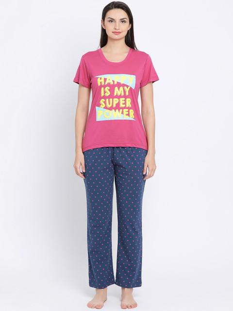 

Clovia Women Pink & Blue Printed Night suit LS0409P14XL
