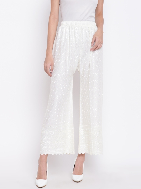 

RIVI Women White Regular Fit Self Design Parallel Trousers