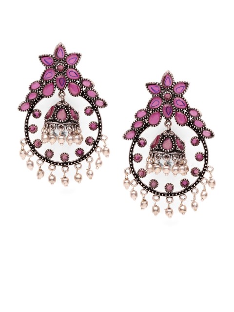 

Fabstreet Women Pink & Silver-Plated Oxidised Contemporary Drop Earrings