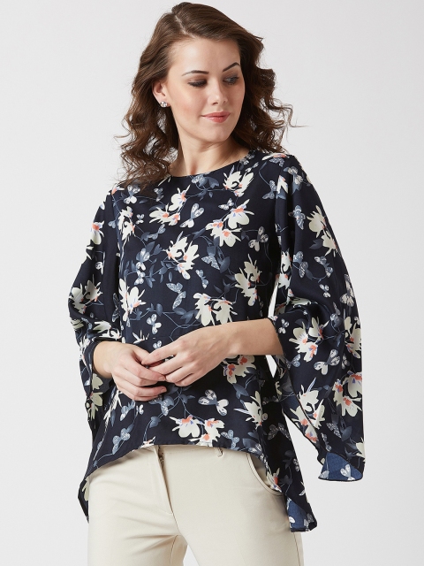 

U&F Women Navy Blue & White Printed High-Low Top
