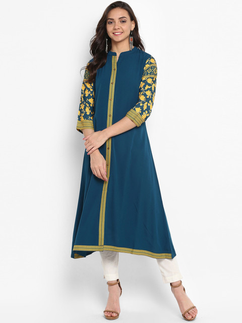 

Janasya Women Turquoise Blue Printed A-Line Kurta