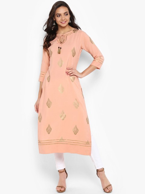 

Janasya Women Peach-Coloured Printed Straight Kurta