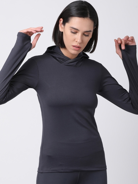 

GOLDSTROMS Women Charcoal Grey Solid Hood T-shirt