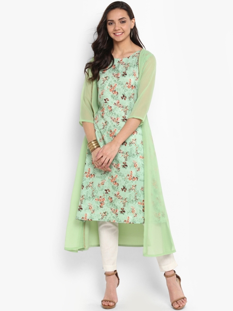 

Janasya Women Green Printed A-Line Layered Kurta
