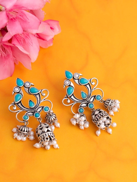 

Voylla Silver-Plated & Blue Oxidised Dome Shaped Drop Earrings