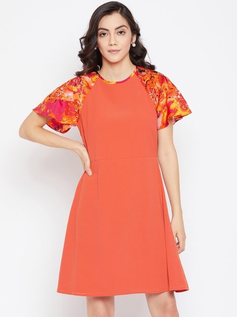 Imfashini Women Orange Solid Fit and Flare Dress