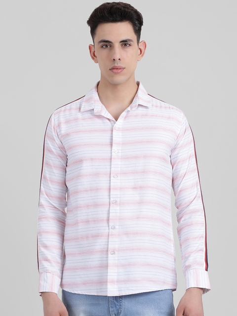 

REALM Men White & Pink Slim Fit Striped Casual Shirt
