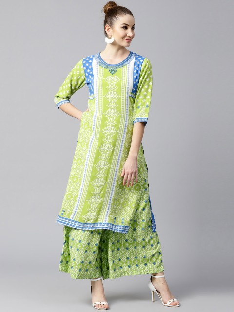 

Shree Women Off-White & Green Printed Kurta with Palazzos
