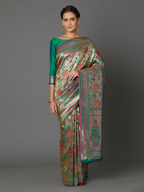 

Mitera Gold-Toned & Sea Green Silk Blend Woven Design Banarasi Saree
