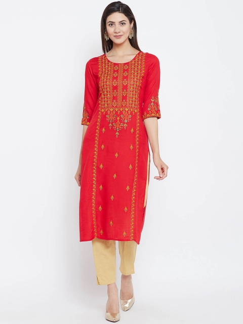 

Prakhya Women Red Yoke Design Straight Kurta