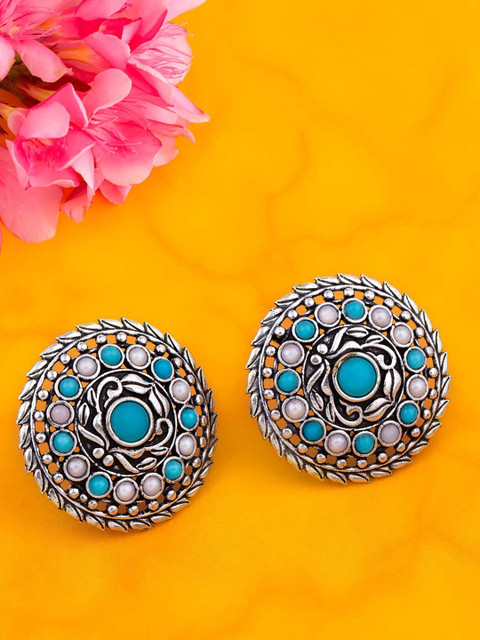 

Voylla Silver-Plated & Blue Oxidised Circular Studs