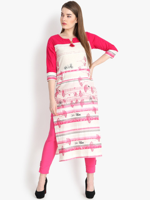 

rangeelo rajasthan Women Pink & White Quirky Print Straight Kurta