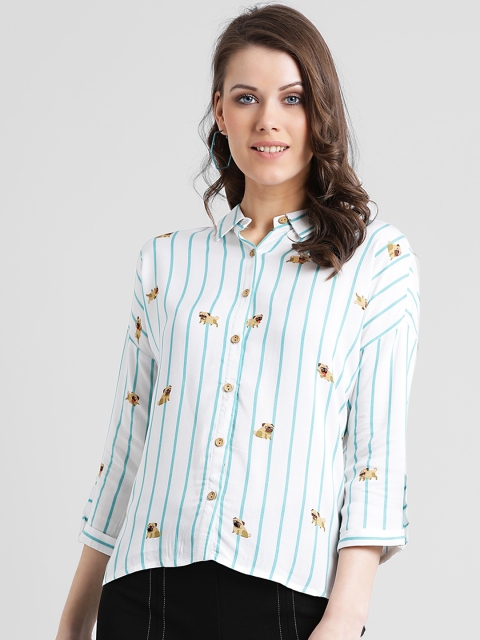 

Zink London Women Off-White & Turquoise Blue Regular Fit Printed Casual Shirt