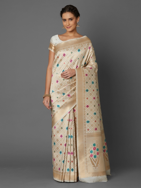 

Mitera Cream-Coloured Silk Blend Woven Design Banarasi Saree