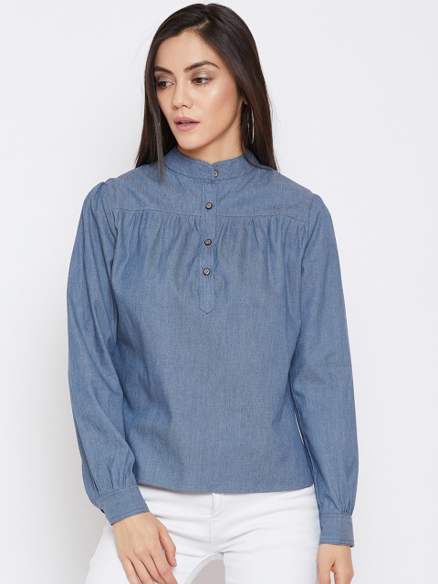 Imfashini Women Blue Solid Shirt Style Top