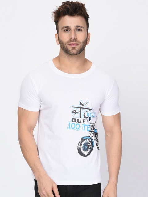 

oneliner Men White Printed Round Neck T-shirt