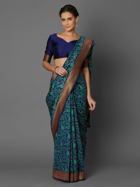 

Mitera Teal & Blue Silk Blend Woven Design Banarasi Saree