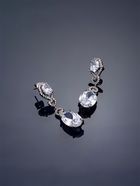 

shaze Women Silver-Toned Silver-Plated CZ Stone-Studded Circular Drop Earrings