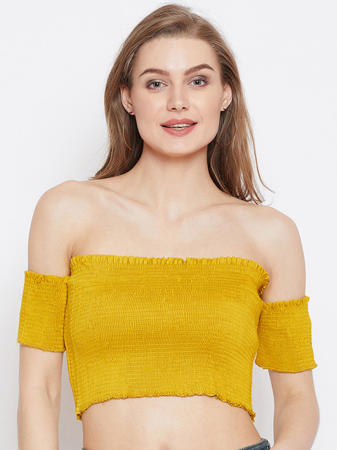 

PANIT Women Mustard Yellow Solid Smocked Bardot Crop Top