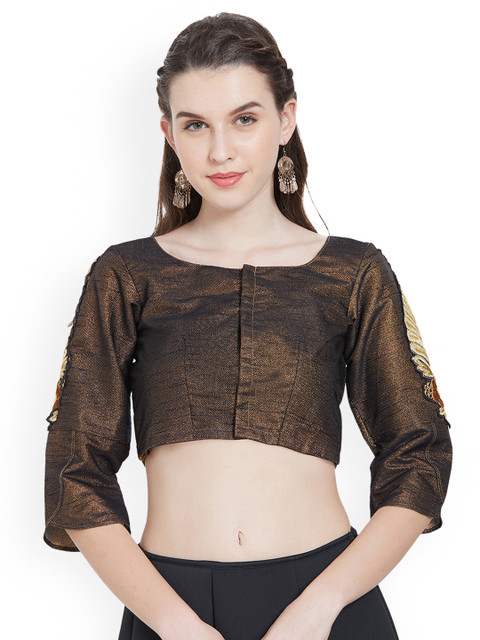 

Mirchi Fashion Women Black & Gold-Coloured Stitched Saree Blouse