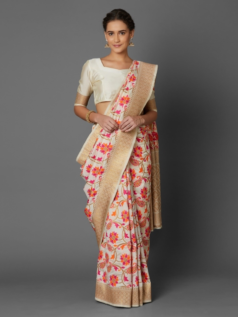 

Mitera Beige & Pink Silk Blend Woven Design Banarasi Saree