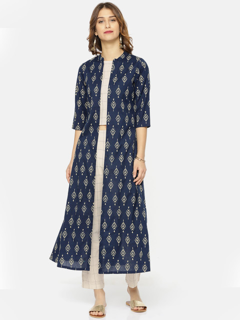 

Alena Women Navy Blue & Beige Checked Top with Trousers and Jacket