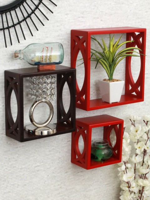 

Home Sparkle Red & Brown Set Of 3 MDF Basic Wall Shelves