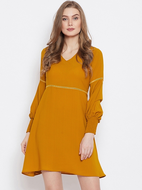

PANIT Women Yellow Self Design Fit and Flare Dress