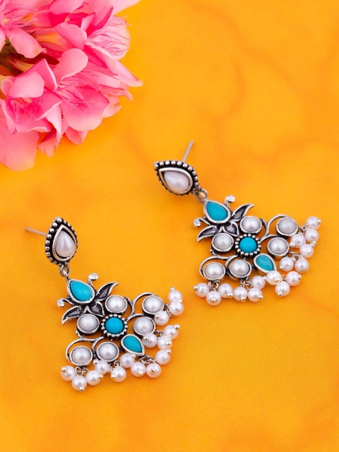 

Voylla Silver-Plated & Blue Floral Drop Earrings