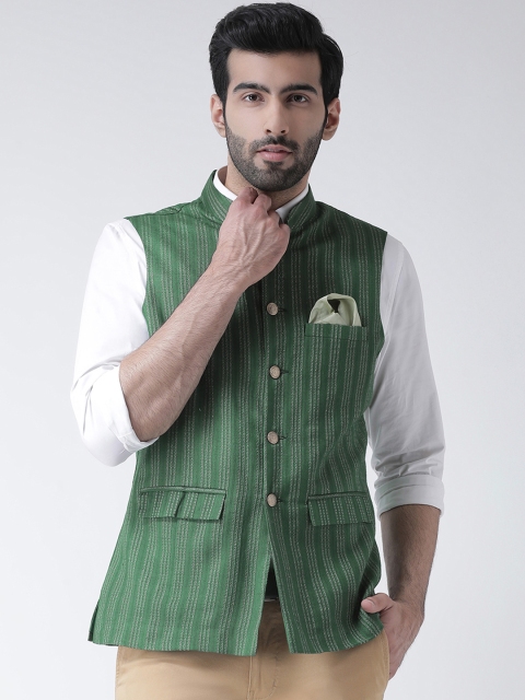 

KISAH Men Green Woven Design Nehru Jacket