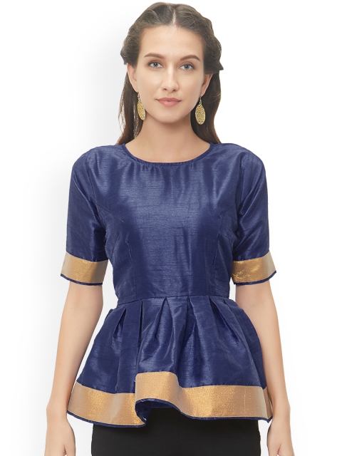 

Mirchi Fashion Women Navy Blue Solid Stitched Peplum-Styled Saree Blouse