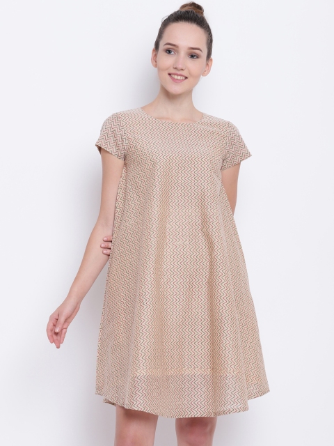 

trueBrowns Women Beige Printed A-Line Dress