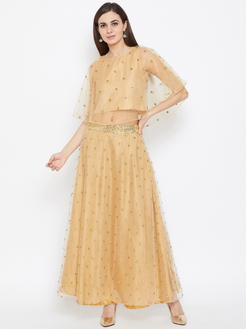 

Studio Rasa Women Beige Net Sequins Embroidered Lehenga Set