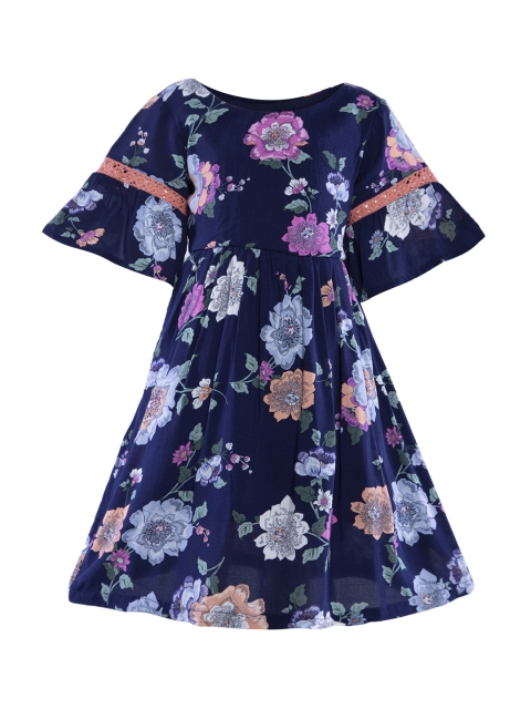 Stylo Bug Girls Blue Printed Fit and Flare Dress