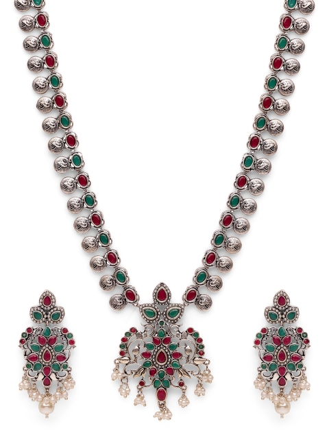 

Fabstreet Women Red & Green Silver-Plated Oxidised Stone-Studded Handcrafted Jewellery Set