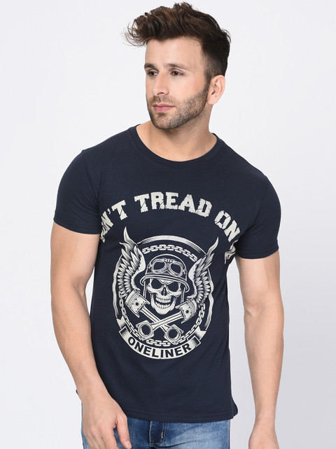 

oneliner Men Navy Blue Printed Round Neck T-shirt