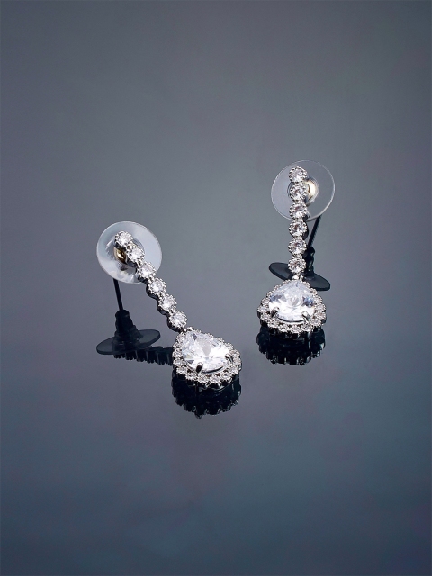 

shaze Silver-Toned Silver-Plated CZ Stone-Studded Oval Drop Earrings