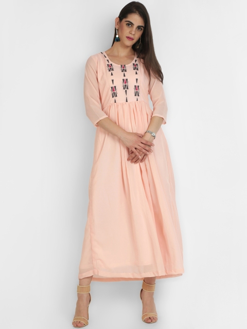 

Heart of Gold Women Peach-Coloured Embroidered A-Line Kurta Dress