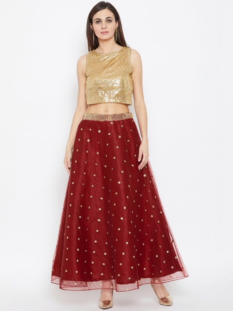 

Studio Rasa Women Gold-Colored & Maroon Net Sequins Embroidered Lehenga Set