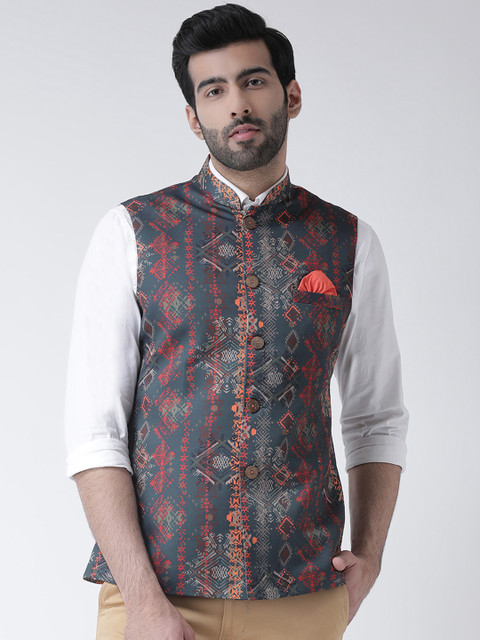 

KISAH Men Green & Red Printed Nehru Jacket