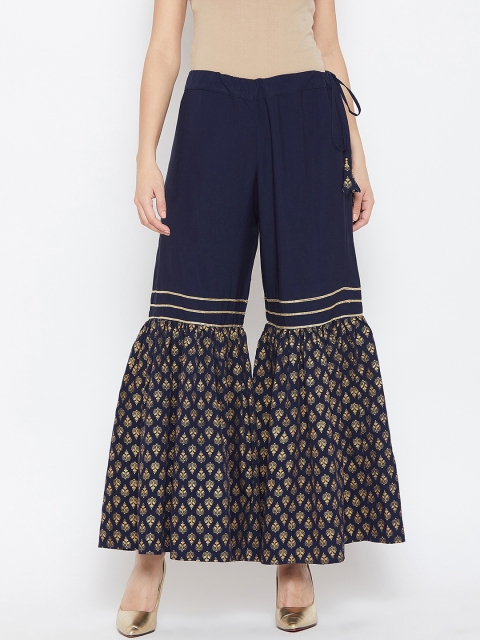 

Studio Rasa Women Navy Blue Crepe Hand Block Printed Tiered Sharara
