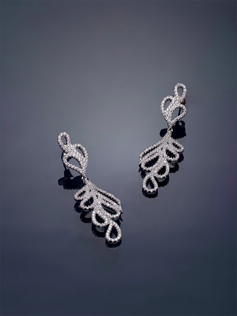 

shaze Women Silver-Toned Silver-Plated CZ Stone-Studded Leaf Shaped Drop Earrings
