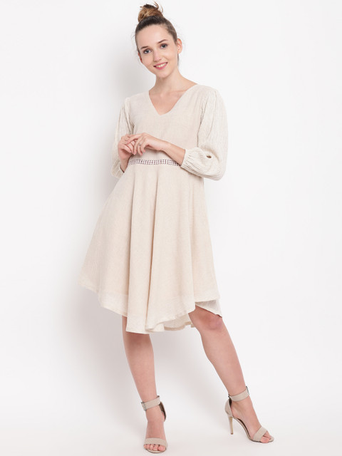 

trueBrowns Women Beige Solid Fit and Flare Dress