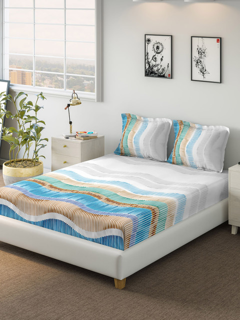 

DDecor White & Blue Striped 144 TC Cotton 1 Queen Bedsheet with 2 Pillow Covers