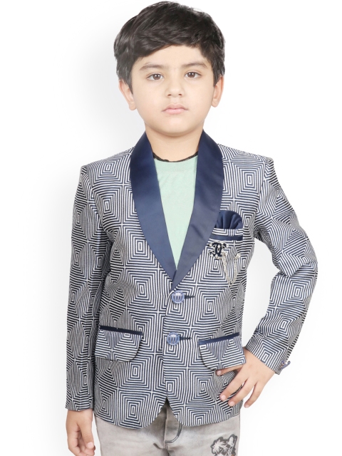 SG YUVRAJ Boys Blue Checked Regular-Fit Bandhgala Blazer