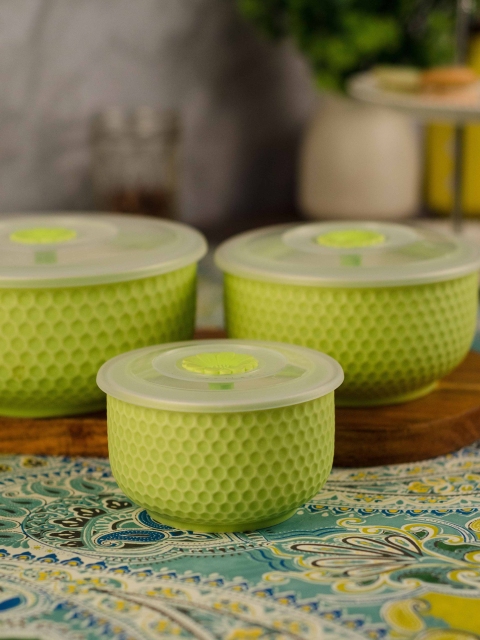 

White Gold Set of 3 Porcelain Jars with Lids, Green
